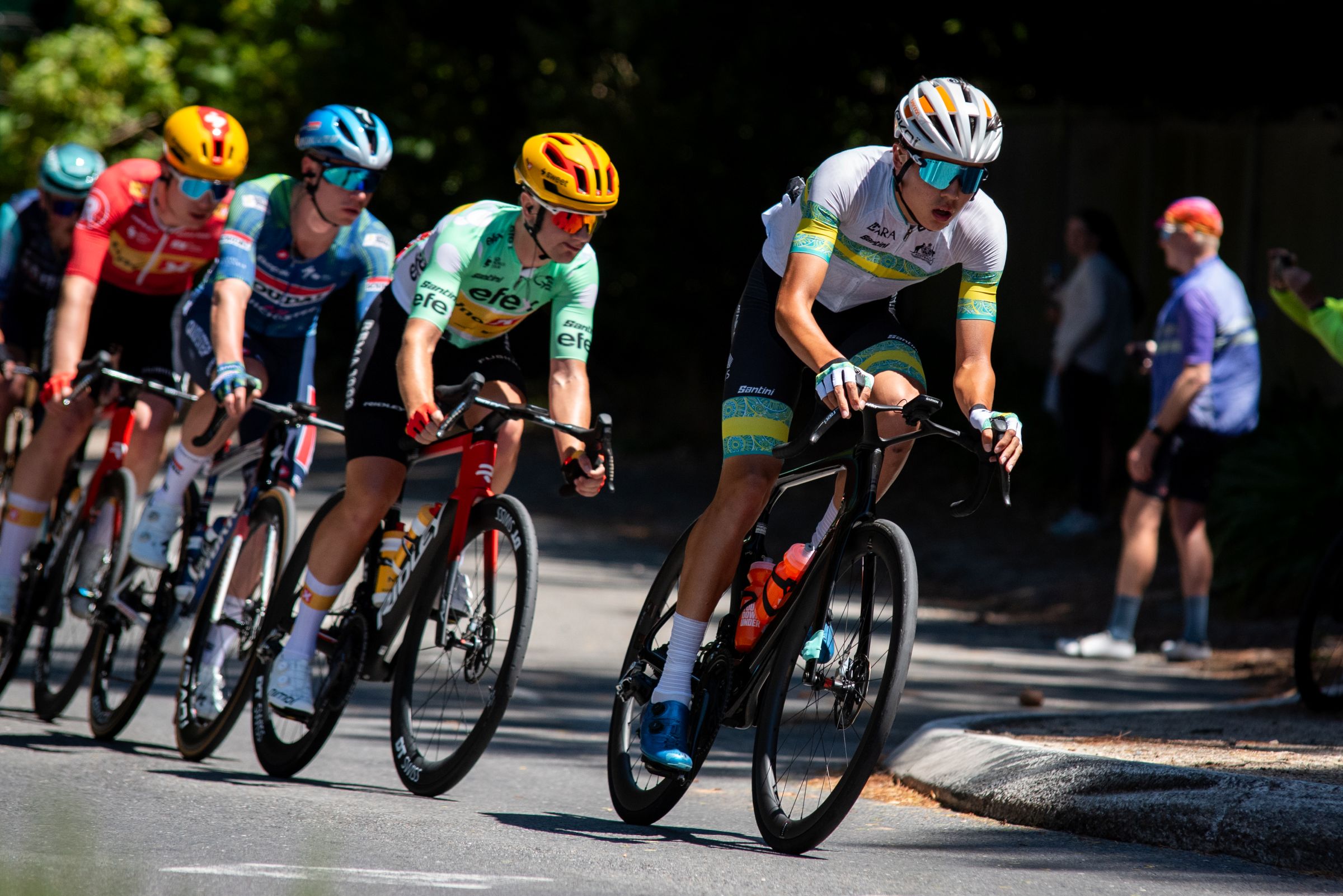 Lucas Stevenson in the breakaway at the 2026 Santos Tour Down Under for the ARA Australian Cycling Team